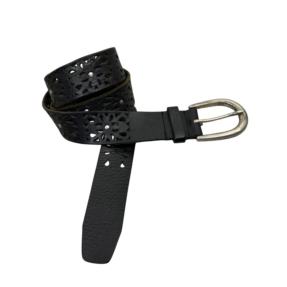 Lucky Brand Belt Womens OS Black Leather Floral Laser Cut Studded Western Boho